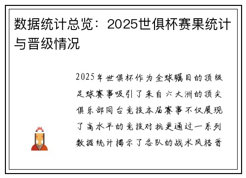 数据统计总览：2025世俱杯赛果统计与晋级情况